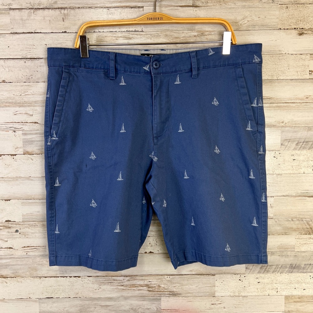Rugby University Chino Shorts Men 36 Navy Blue Sailboat Print Stretch Boating
